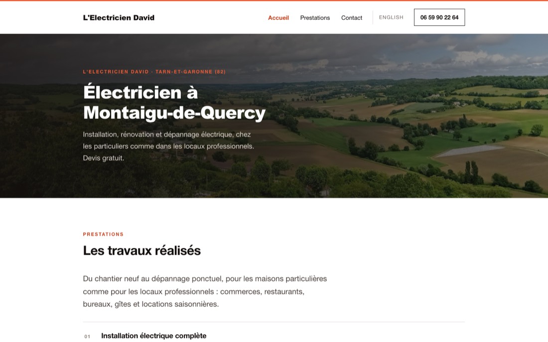 The homepage of L'Electricien David, an electrician in Montaigu-de-Quercy